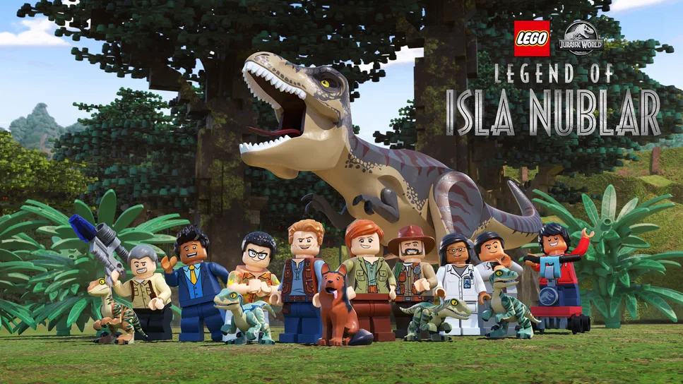Affiche promotionnelle de la série LEGO Jurassic World : L'Épopée d'Isla Nublar, montrant des personnages en briques avec un T-Rex géant dans une jungle luxuriante.
