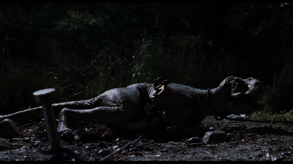 Un dinosaure T-Rex immobilisé par des liens étendu au sol dans un environnement sombre pour une image du film Le Monde Perdu : Jurassic Park.