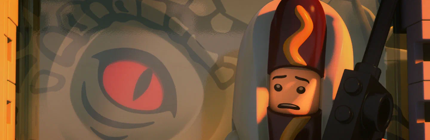 Un personnage de Lego avec un bonnet rouge et une expression inquiète se tient devant un œil géant sur le mur.
