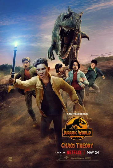 Affiche de la série Jurassic World : Chaos Theory sur Netflix avec des personnages et un dinosaure en arrière-plan.