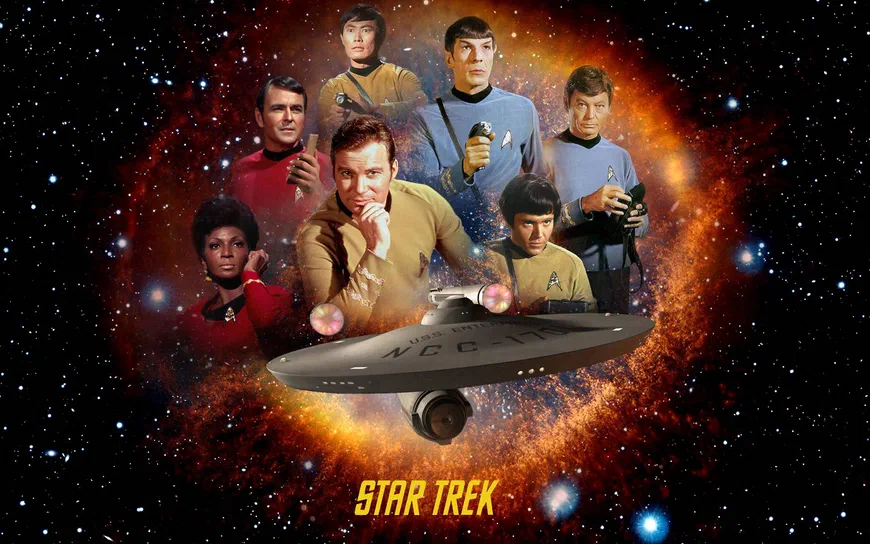 Affiche de la série télévisée Star Trek avec l'équipage du vaisseau NCC-1701 au centre d'un anneau lumineux dans l'espace.