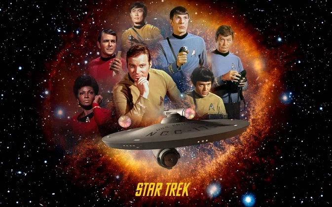 Affiche de la série télévisée Star Trek avec l'équipage du vaisseau NCC-1701 au centre d'un anneau lumineux dans l'espace.