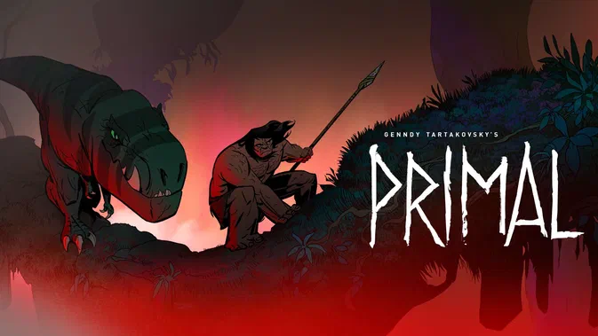 Affiche de la série Primal : un homme préhistorique brandissant une lance face à un dinosaure dans un paysage rougeoyant.