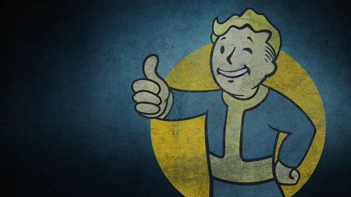 Le Vault Boy, personnage de Fallout, donne un pouce levé sur fond bleu et jaune.