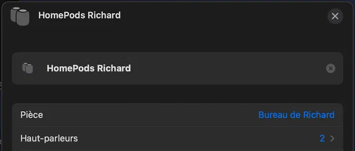 Interface de configuration montrant une paire HomePods Richard avec deux haut-parleurs associés dans le bureau de Richard.