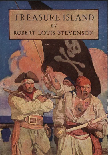 Couverture du roman "L'île au trésor" de RObert Louis Stevenson Couverture du roman L'île au trésor de Robert Louis Stevenson illustrée par N. C. Wyeth